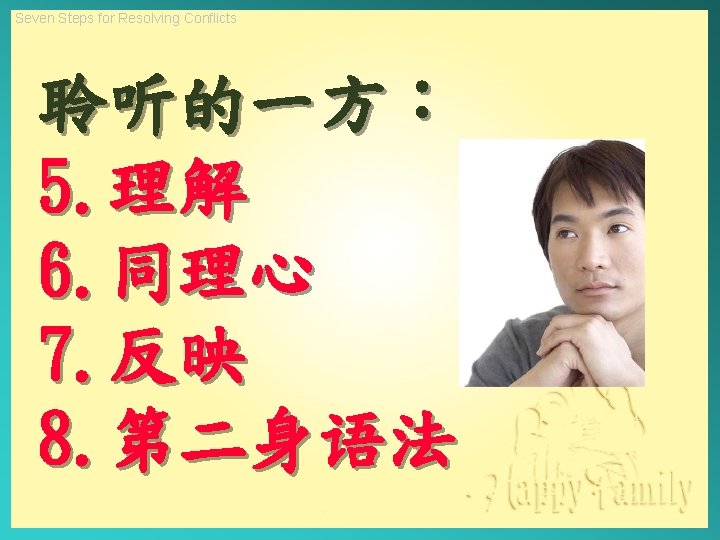 Seven Steps for Resolving Conflicts 聆听的一方： 5. 理解 6. 同理心 7. 反映 8. 第二身语法