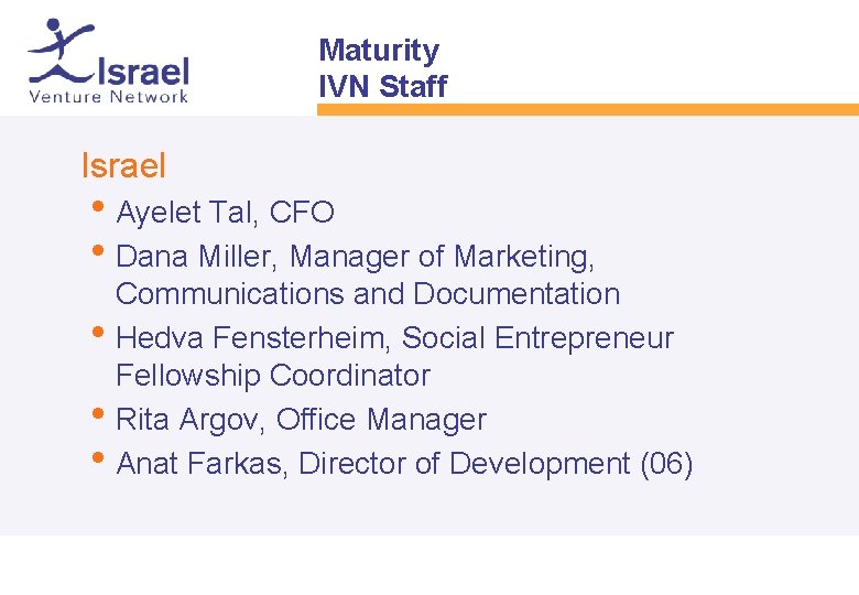 Maturity IVN Staff • Israel • Ayelet Tal, CFO • Dana Miller, Manager of