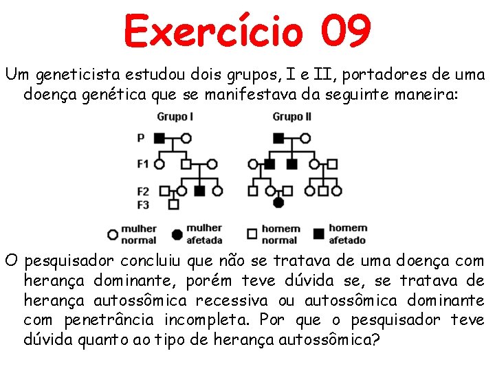 Exercício 09 Um geneticista estudou dois grupos, I e II, portadores de uma doença