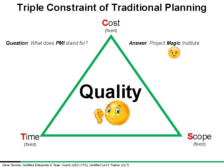 Triple Constraint of Traditional Planning Cost (fixed) Question: What does PMI stand for? Answer: Triple Constraint of Traditional Planning Cost (fixed) Question: What does PMI stand for? Answer: