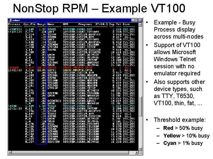 Non. Stop RPM – Example VT 100 • Example - Busy Process display across