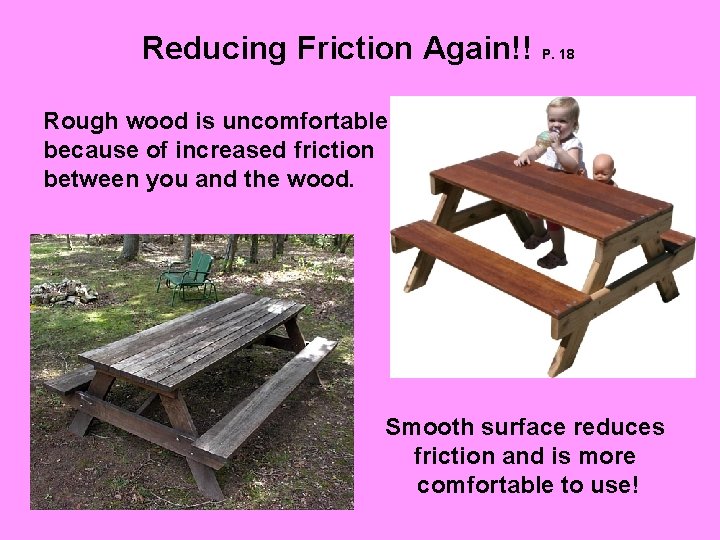 Reducing Friction Again!! P. 18 Rough wood is uncomfortable because of increased friction between