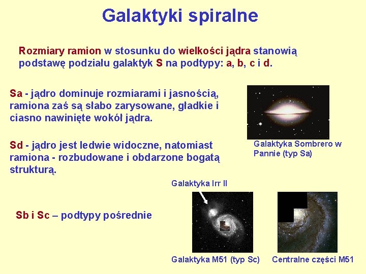 Galaktyki spiralne Rozmiary ramion w stosunku do wielkości jądra stanowią podstawę podziału galaktyk S