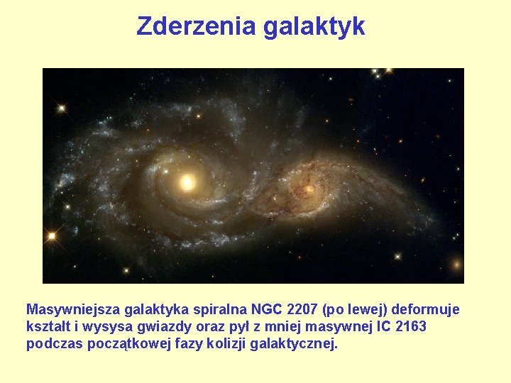 Zderzenia galaktyk Masywniejsza galaktyka spiralna NGC 2207 (po lewej) deformuje kształt i wysysa gwiazdy
