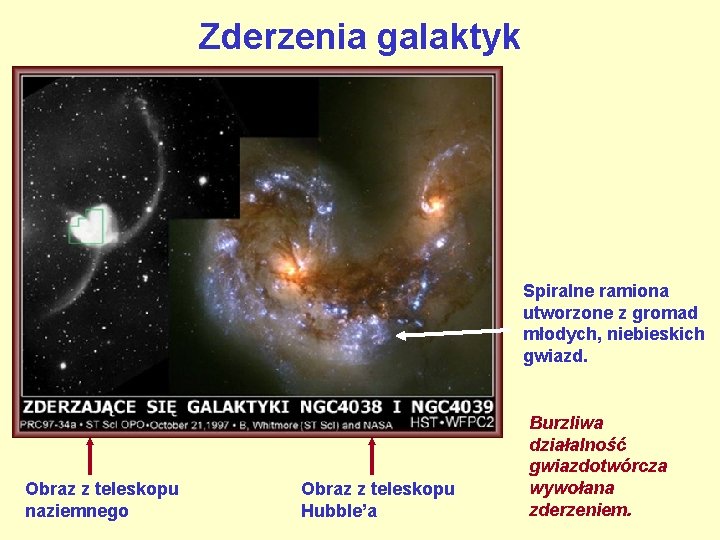 Zderzenia galaktyk Spiralne ramiona utworzone z gromad młodych, niebieskich gwiazd. Obraz z teleskopu naziemnego