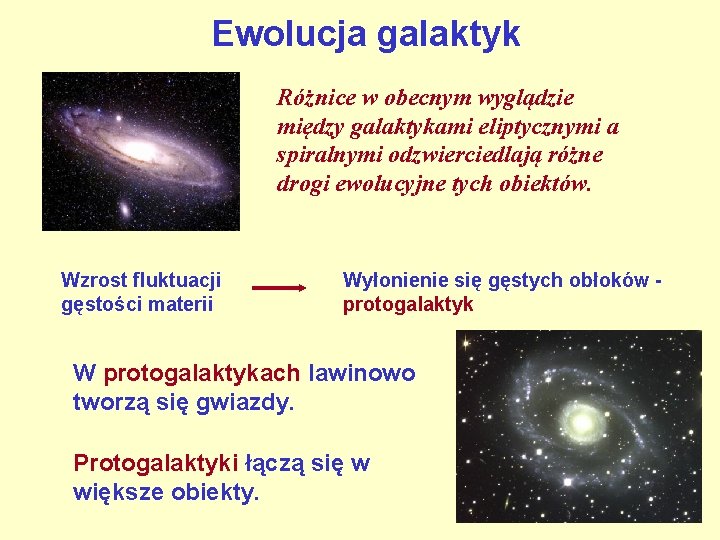 Ewolucja galaktyk Różnice w obecnym wyglądzie między galaktykami eliptycznymi a spiralnymi odzwierciedlają różne drogi