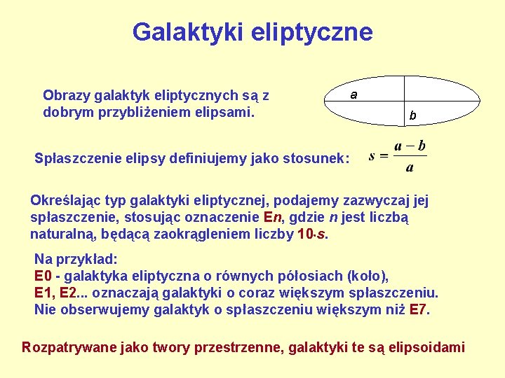 Galaktyki eliptyczne Obrazy galaktyk eliptycznych są z dobrym przybliżeniem elipsami. a b Spłaszczenie elipsy