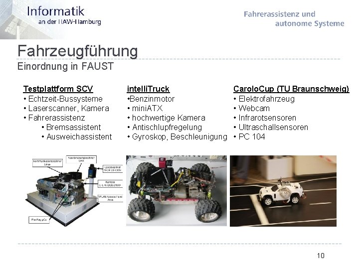 Fahrzeugführung Einordnung in FAUST Testplattform SCV • Echtzeit-Bussysteme • Laserscanner, Kamera • Fahrerassistenz •