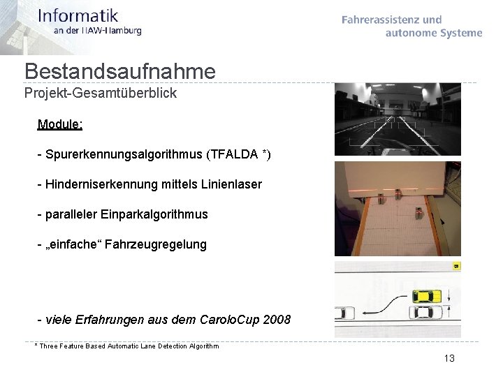 Bestandsaufnahme Projekt-Gesamtüberblick Module: - Spurerkennungsalgorithmus (TFALDA *) - Hinderniserkennung mittels Linienlaser - paralleler Einparkalgorithmus