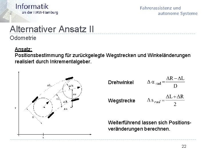 Alternativer Ansatz II Odometrie Ansatz: Positionsbestimmung für zurückgelegte Wegstrecken und Winkeländerungen realisiert durch Inkrementalgeber.