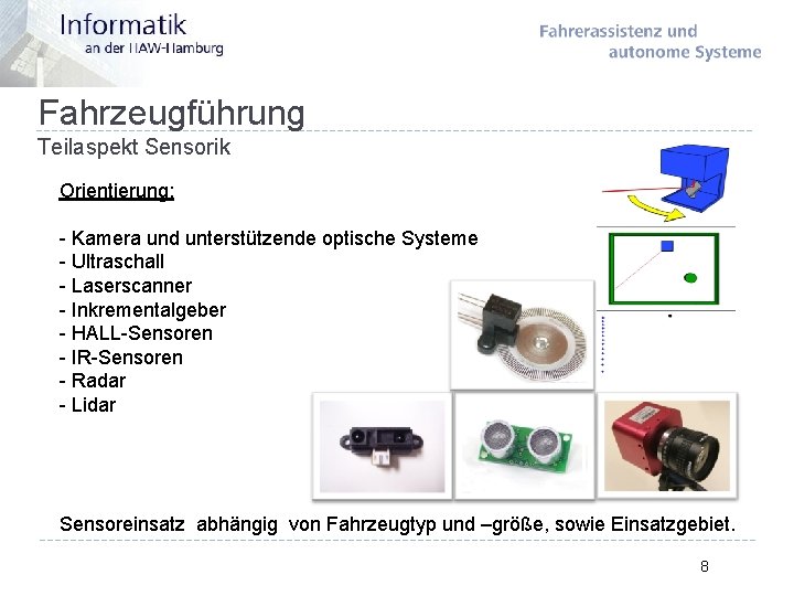 Fahrzeugführung Teilaspekt Sensorik Orientierung: - Kamera und unterstützende optische Systeme - Ultraschall - Laserscanner