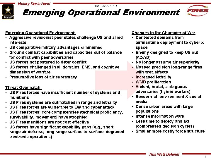 Victory Starts Here! UNCLASSIFIED Emerging Operational Environment: • Aggressive revisionist peer states challenge US