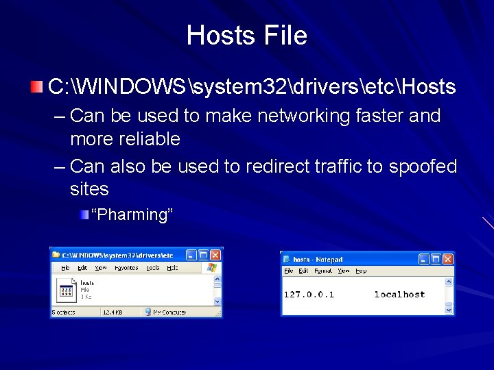 Hosts File C: WINDOWSsystem 32driversetcHosts – Can be used to make networking faster and