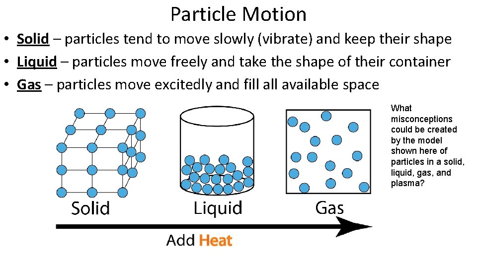 Particle Motion • Solid – particles tend to move slowly (vibrate) and keep their