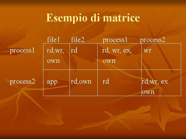 Esempio di matrice process 1 file 2 rd, wr, rd own process 1 rd,