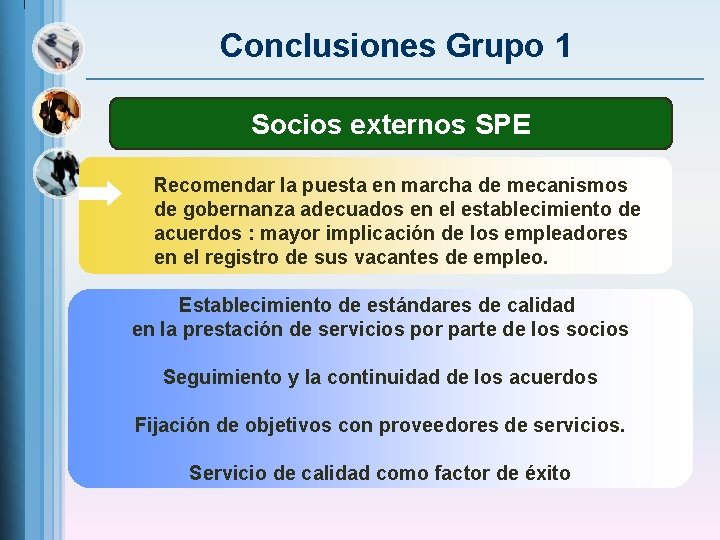 Conclusiones Grupo 1 Socios externos SPE Recomendar la puesta en marcha de mecanismos de