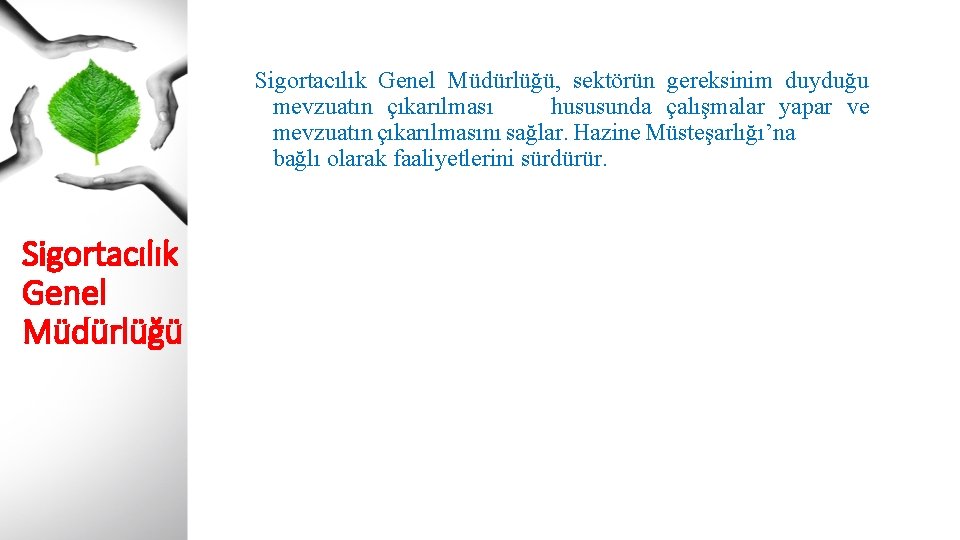 Sigortacılık Genel Müdürlüğü, sektörün gereksinim duyduğu mevzuatın çıkarılması hususunda çalışmalar yapar ve mevzuatın çıkarılmasını