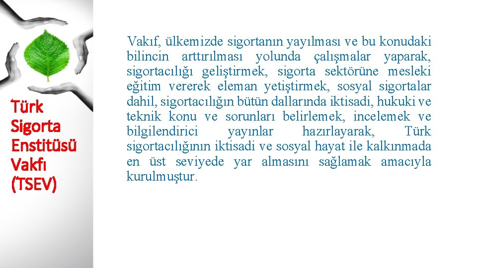 Türk Sigorta Enstitüsü Vakfı (TSEV) Vakıf, ülkemizde sigortanın yayılması ve bu konudaki bilincin arttırılması