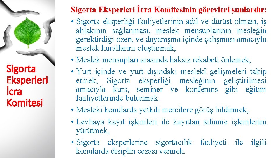 Sigorta Eksperleri İcra Komitesinin görevleri şunlardır: • Sigorta eksperliği faaliyetlerinin adil ve dürüst olması,