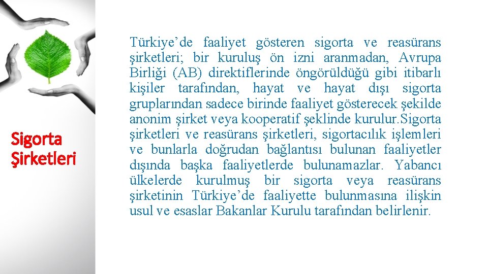 Sigorta Şirketleri Türkiye’de faaliyet gösteren sigorta ve reasürans şirketleri; bir kuruluş ön izni aranmadan,