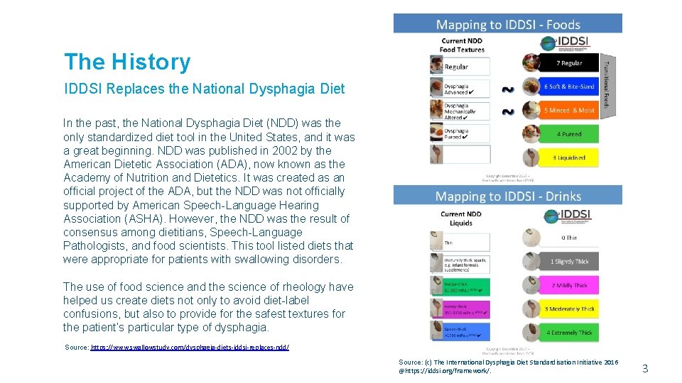 The History IDDSI Replaces the National Dysphagia Diet In the past, the National Dysphagia