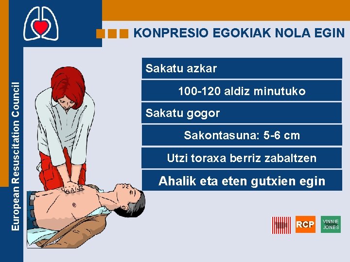 KONPRESIO EGOKIAK NOLA EGIN European Resuscitation Council Sakatu azkar 100 -120 aldiz minutuko Sakatu