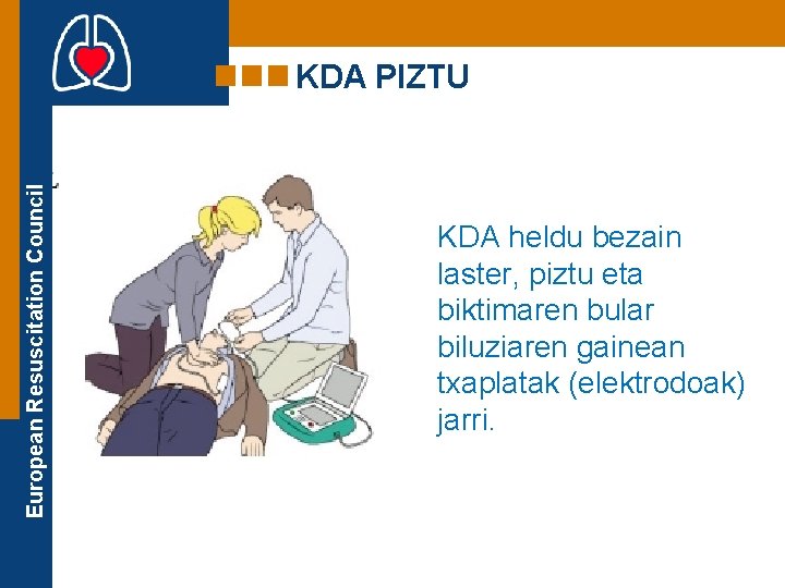 European Resuscitation Council KDA PIZTU KDA heldu bezain laster, piztu eta biktimaren bular biluziaren