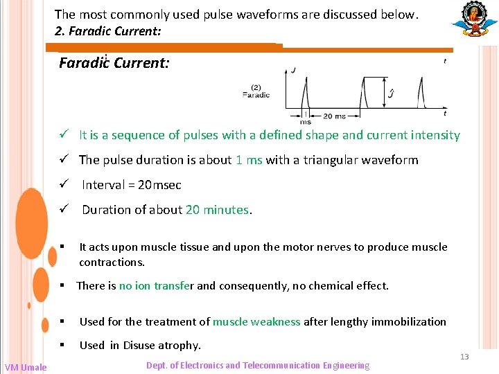 The most commonly used pulse waveforms are discussed below. 2. Faradic Current: Faradic: Current: