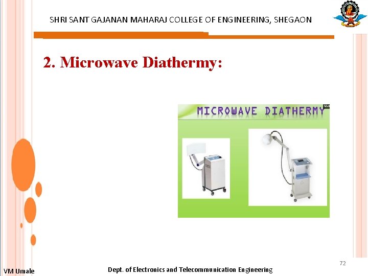 SHRI SANT GAJANAN MAHARAJ COLLEGE OF ENGINEERING, SHEGAON 2. Microwave Diathermy: VM Umale Dept.