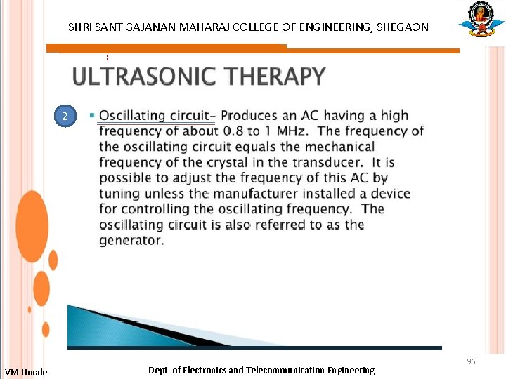 SHRI SANT GAJANAN MAHARAJ COLLEGE OF ENGINEERING, SHEGAON : 2 VM Umale Dept. of