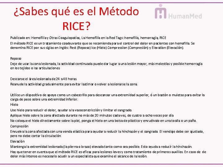 ¿Sabes qué es el Método RICE? Publicado en: Hemofilia y Otras Coagulopatías, La Hemofilia