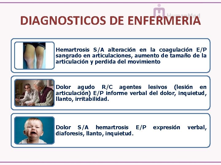 DIAGNOSTICOS DE ENFERMERIA Hemartrosis S/A alteración en la coagulación E/P sangrado en articulaciones, aumento