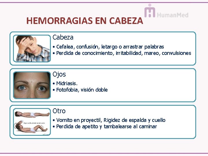 HEMORRAGIAS EN CABEZA Cabeza • Cefalea, confusión, letargo o arrastrar palabras • Perdida de