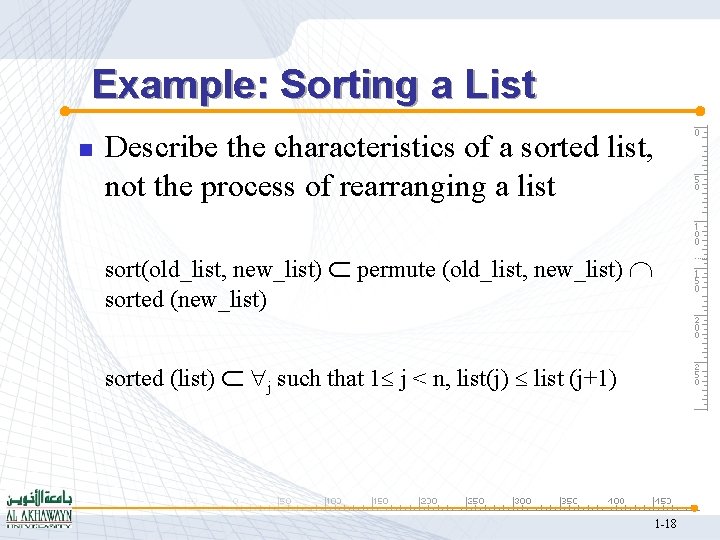 Example: Sorting a List n Describe the characteristics of a sorted list, not the