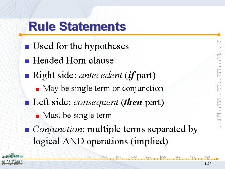 Rule Statements n n n Used for the hypotheses Headed Horn clause Right side: