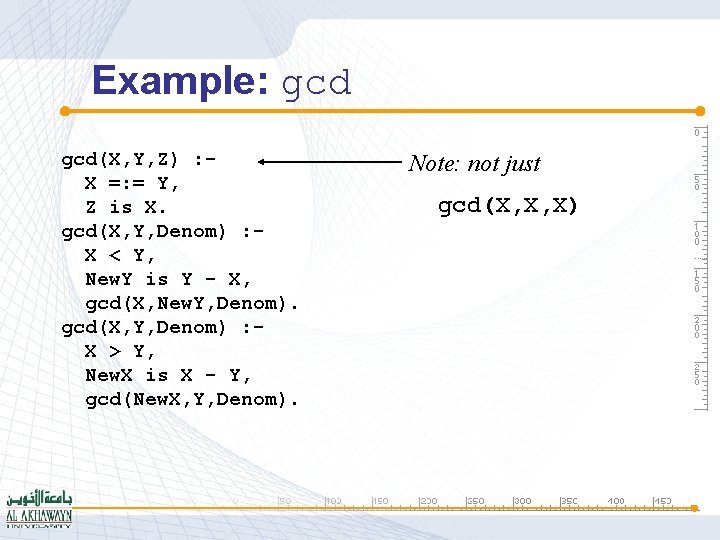 Example: gcd(X, Y, Z) : X =: = Y, Z is X. gcd(X, Y,