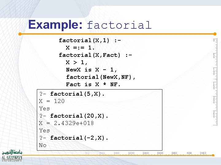 Example: factorial(X, 1) : X =: = 1. factorial(X, Fact) : X > 1,