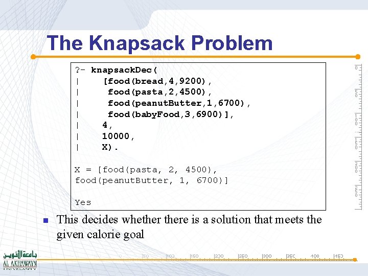 The Knapsack Problem ? - knapsack. Dec( | [food(bread, 4, 9200), | food(pasta, 2,