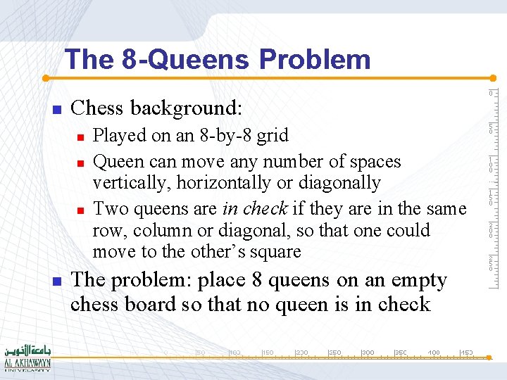 The 8 -Queens Problem n Chess background: n n Played on an 8 -by-8