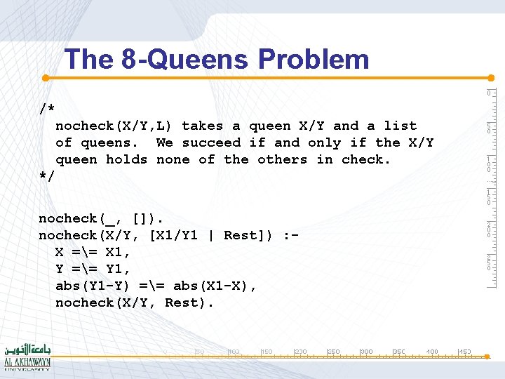 The 8 -Queens Problem /* nocheck(X/Y, L) takes a queen X/Y and a list