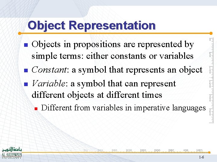 Object Representation n Objects in propositions are represented by simple terms: either constants or