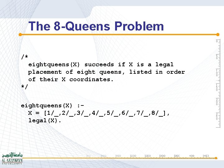 The 8 -Queens Problem /* eightqueens(X) succeeds if X is a legal placement of