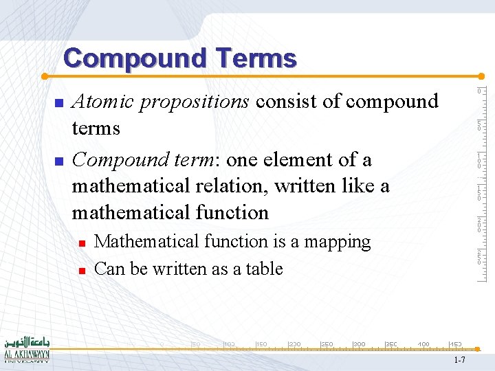 Compound Terms n n Atomic propositions consist of compound terms Compound term: one element