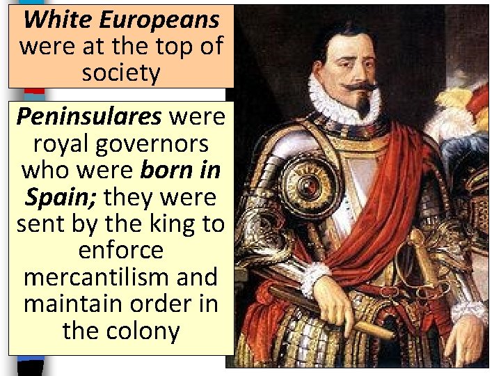 White Europeans were at the top of society Peninsulares were royal governors who were