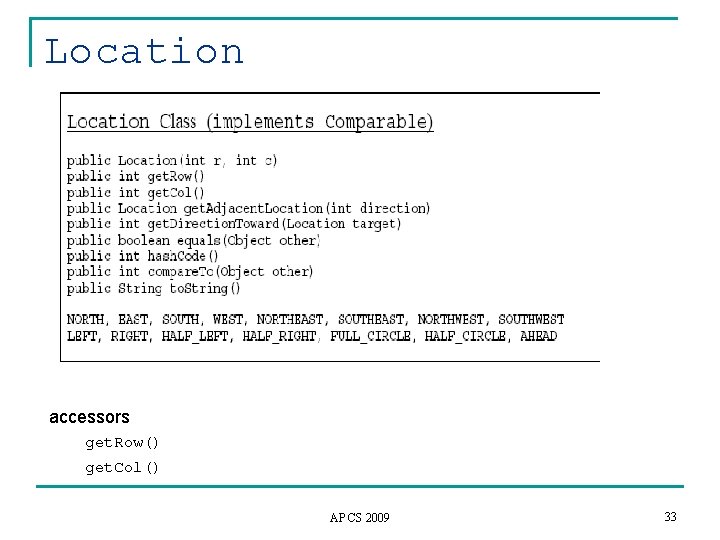 Location accessors get. Row() get. Col() AP CS 2009 33 