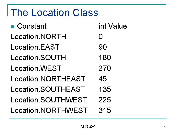 The Location Class Constant Location. NORTH Location. EAST Location. SOUTH Location. WEST Location. NORTHEAST