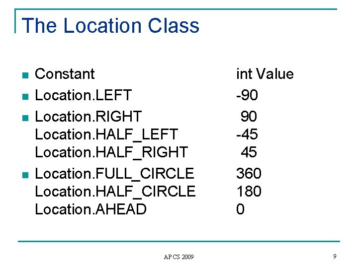 The Location Class n n Constant Location. LEFT Location. RIGHT Location. HALF_LEFT Location. HALF_RIGHT