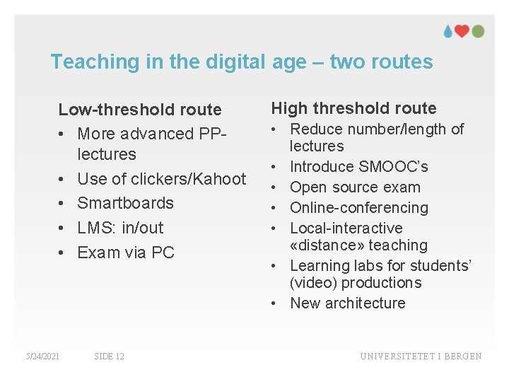 Teaching in the digital age – two routes Low-threshold route • More advanced PPlectures