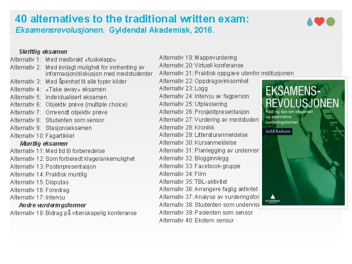 40 alternatives to the traditional written exam: Eksamensrevolusjonen. Gyldendal Akademisk, 2016. Skriftlig eksamen Alternativ