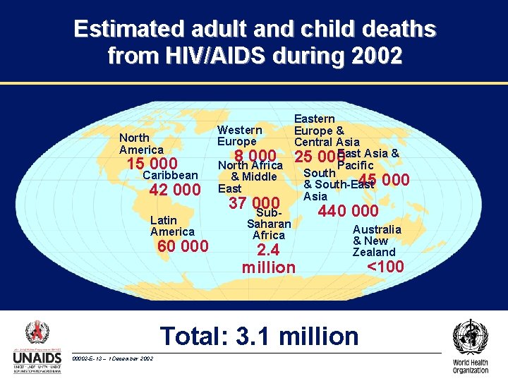 Estimated adult and child deaths from HIV/AIDS during 2002 North America 15 000 Caribbean